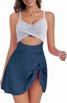 ZAFUL Women One Piece Swimdress Tummy Control Bathing Suit Push Up Swimsuit Modest Swimwear Cutout V Neck Cute Tie Knot Skirt