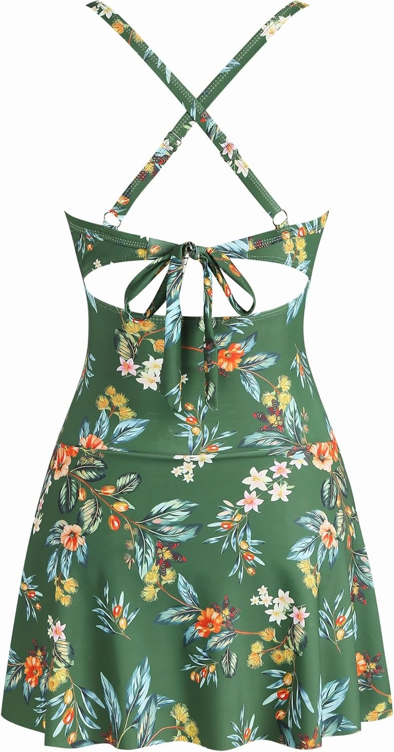 ZAFUL Women One Piece Swimdress Tummy Control Bathing Suit Push Up Swimsuit Modest Swimwear Cutout V Neck Cute Tie Knot Skirt