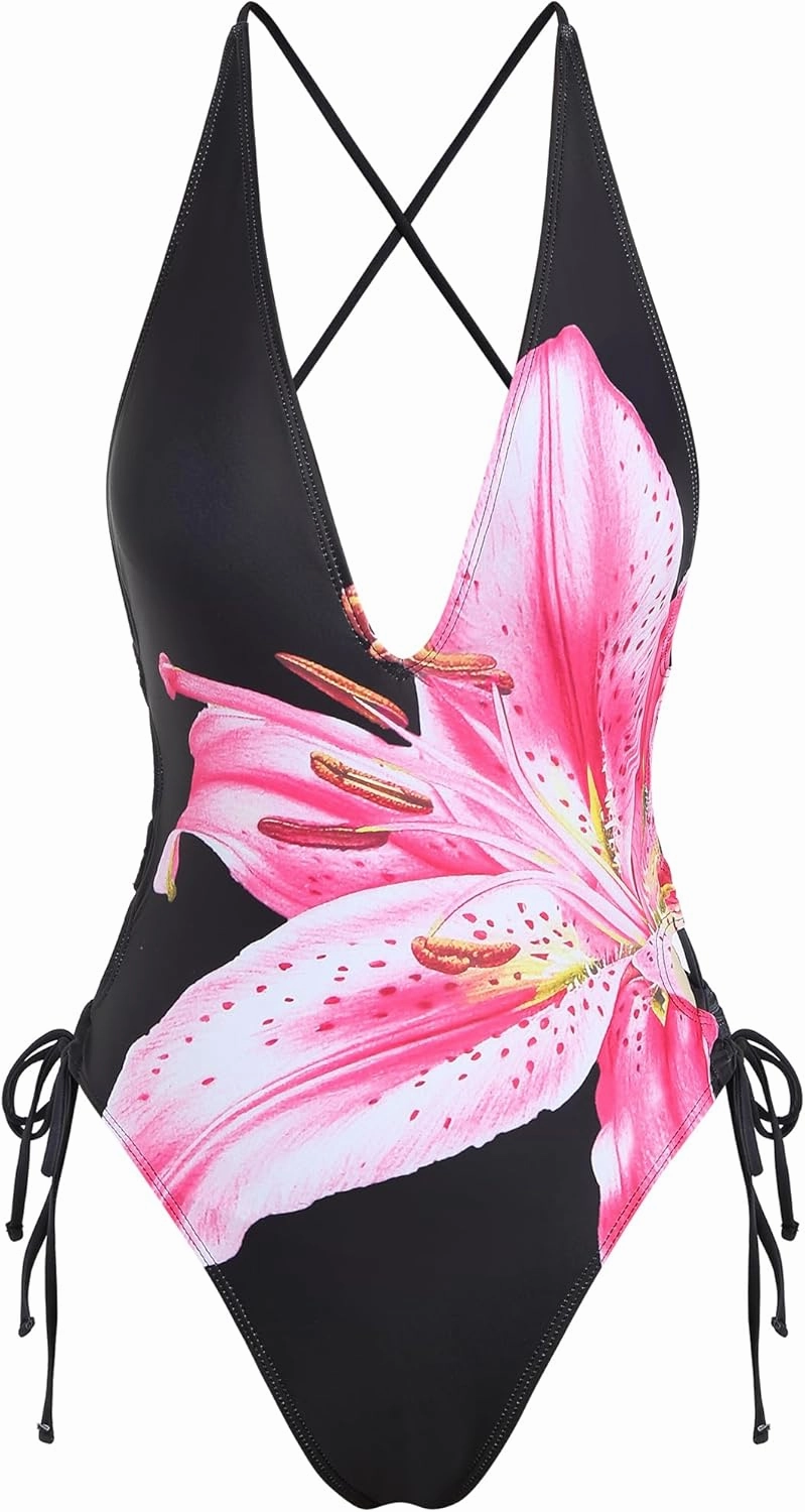 ZAFUL Women Plunging One Piece Swimsuit Backless Cross Tie High Cut Thong One-Piece Bathing Suit