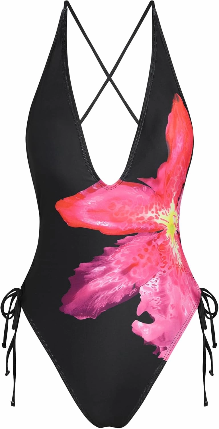 ZAFUL Women Plunging One Piece Swimsuit Backless Cross Tie High Cut Thong One-Piece Bathing Suit
