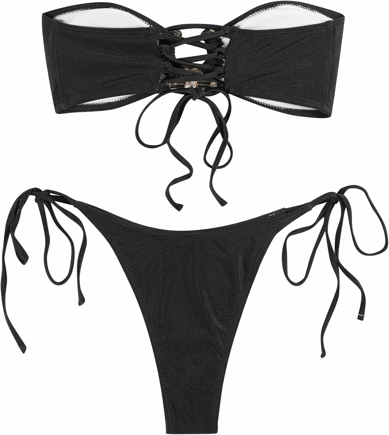 ZAFUL Women's Bandeau Bikini Shiny Metal Ring Decor Lace Up Tied Side High Cut Strapless Swimsuit