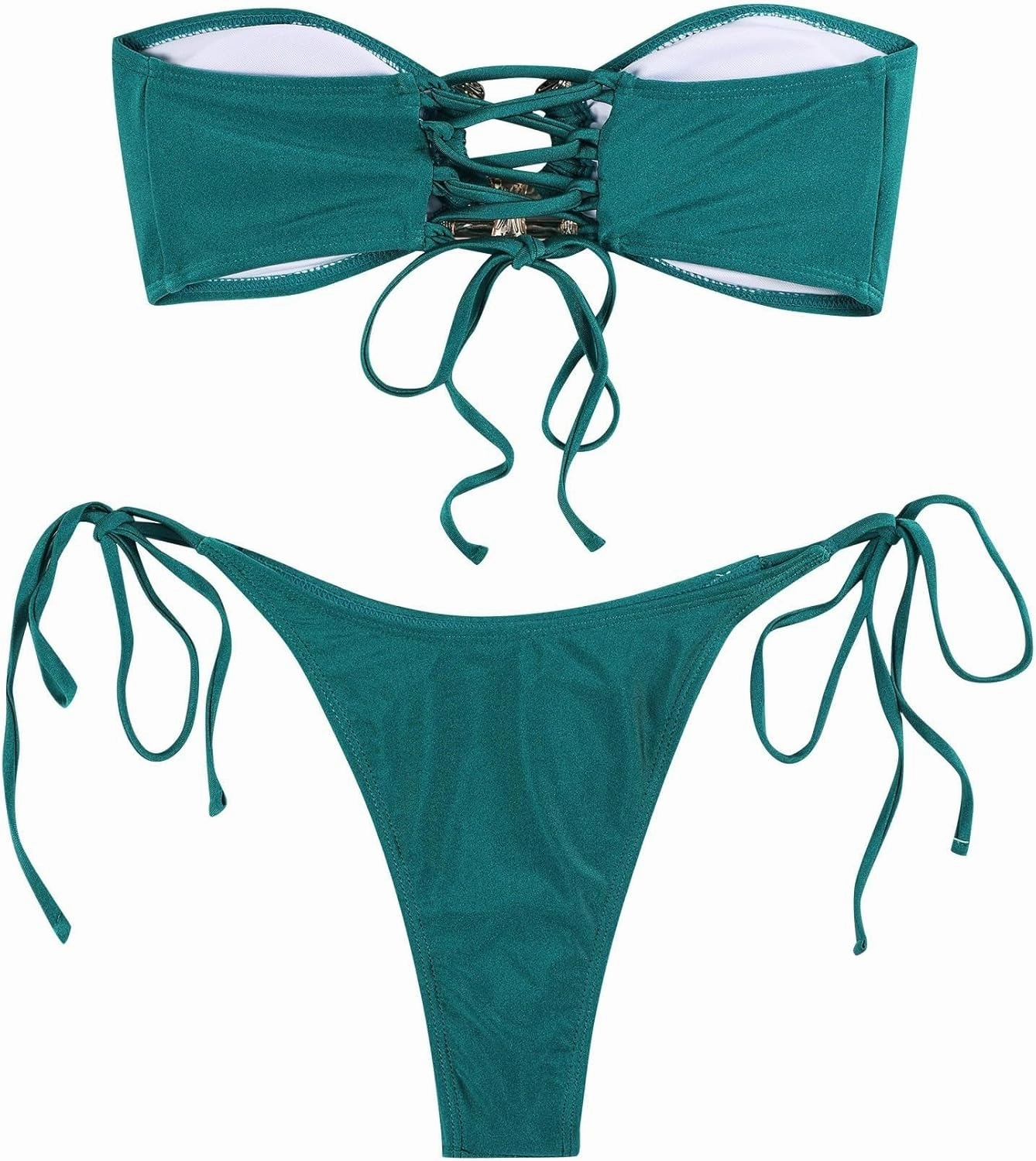 ZAFUL Women's Bandeau Bikini Shiny Metal Ring Decor Lace Up Tied Side High Cut Strapless Swimsuit