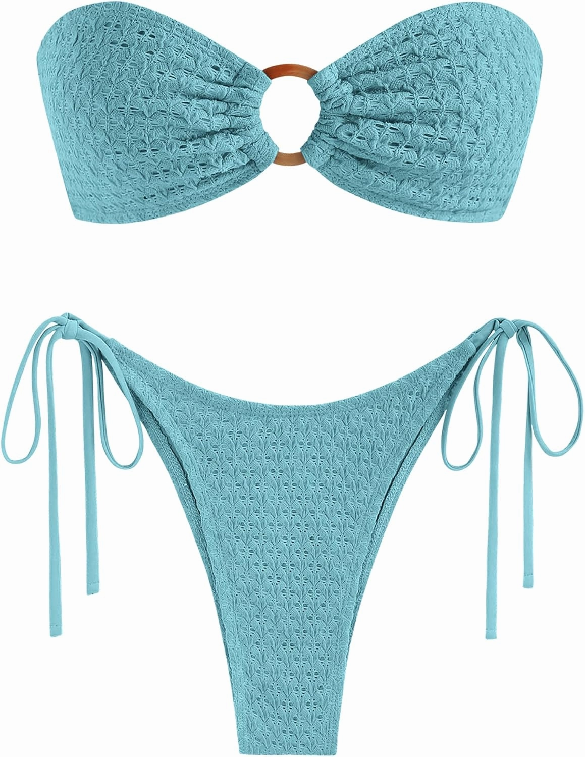 ZAFUL Women's Bandeau Bikini Strapless O Ring Lace Tie Back High Cut Two Piece Swimsuit Bathing Suits