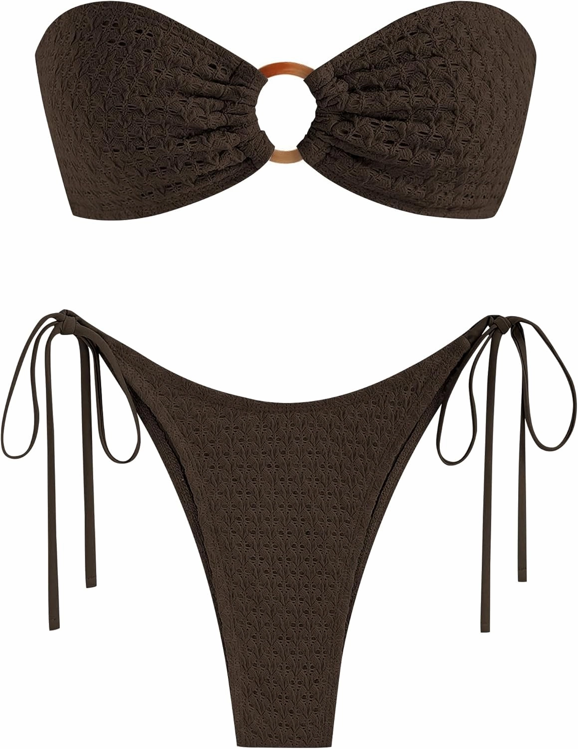 ZAFUL Women's Bandeau Bikini Strapless O Ring Lace Tie Back High Cut Two Piece Swimsuit Bathing Suits