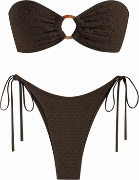 ZAFUL Women's Bandeau Bikini Strapless O Ring Lace Tie Back High Cut Two Piece Swimsuit Bathing Suits