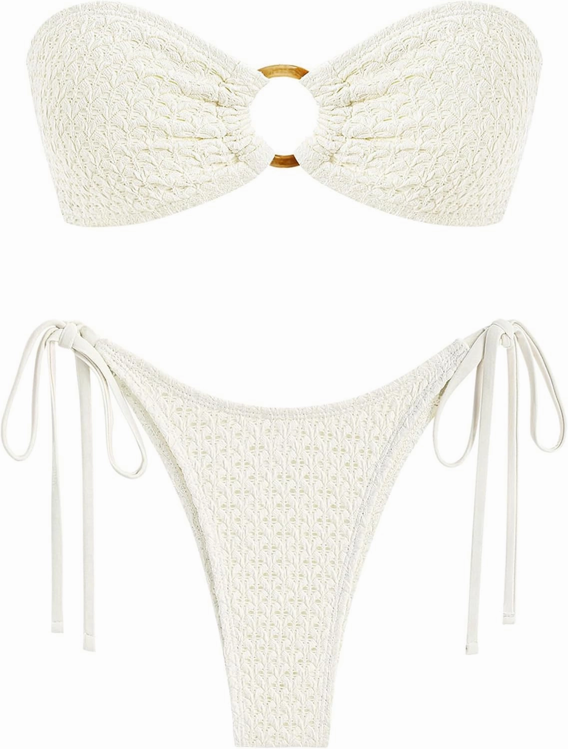 ZAFUL Women's Bandeau Bikini Strapless O Ring Lace Tie Back High Cut Two Piece Swimsuit Bathing Suits
