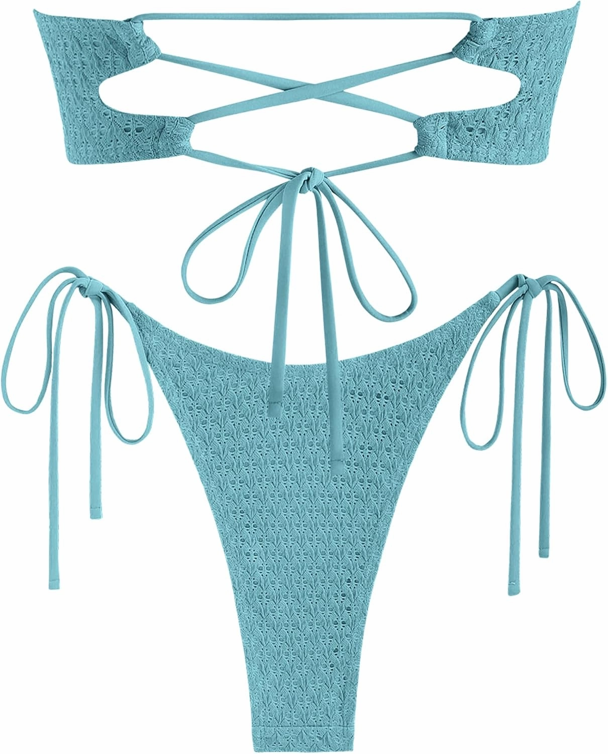 ZAFUL Women's Bandeau Bikini Strapless O Ring Lace Tie Back High Cut Two Piece Swimsuit Bathing Suits