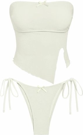 ZAFUL Women's Bandeau Tankini Swimsuit Asymmetrical Slit Bowknot String High Cut Fairyland Cheeky Bathing Suit