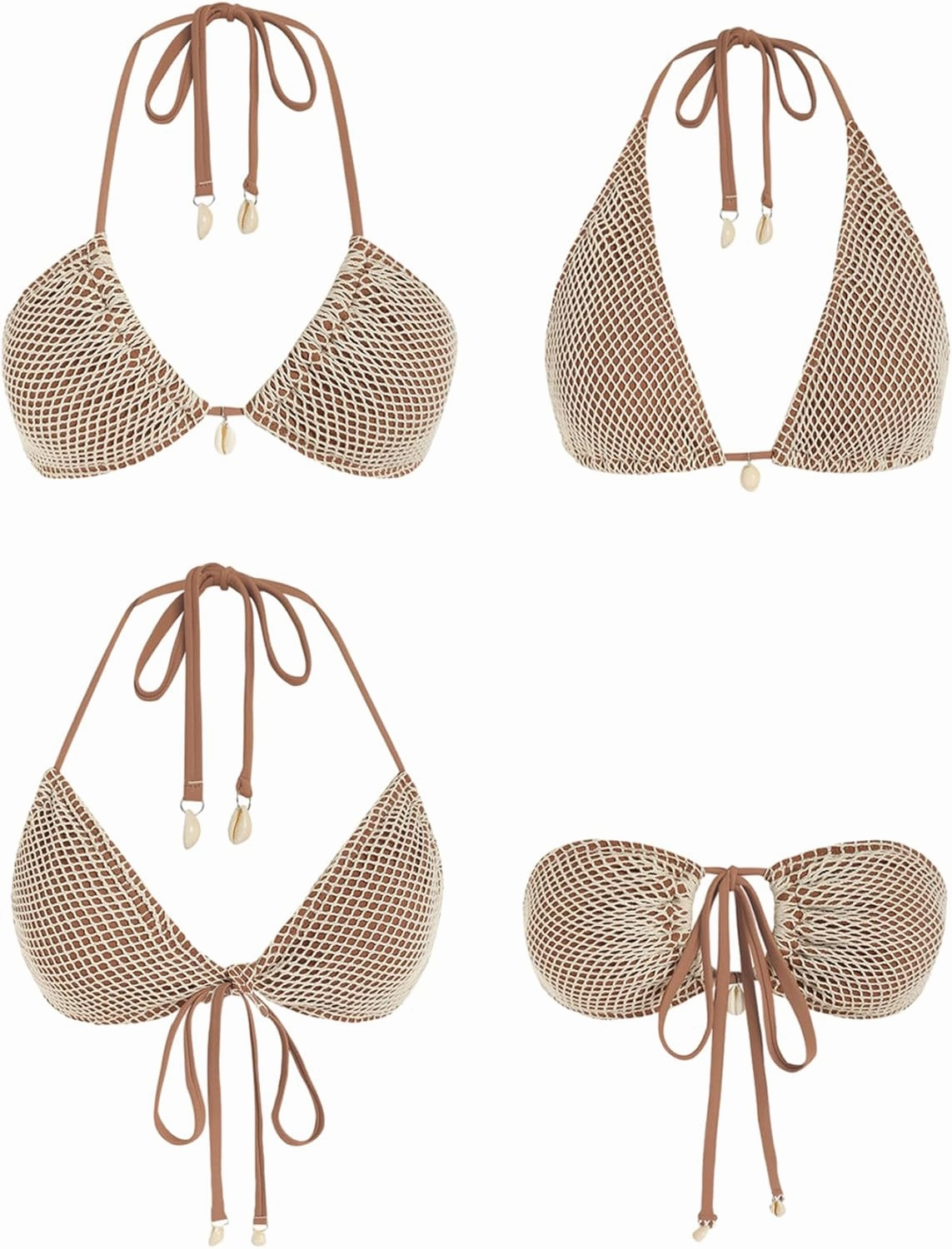 ZAFUL Women's Bikini Set Fishnet Triangle Tie Convertible Collar Halter Bandeau Shell Two Piece Bathing Suit