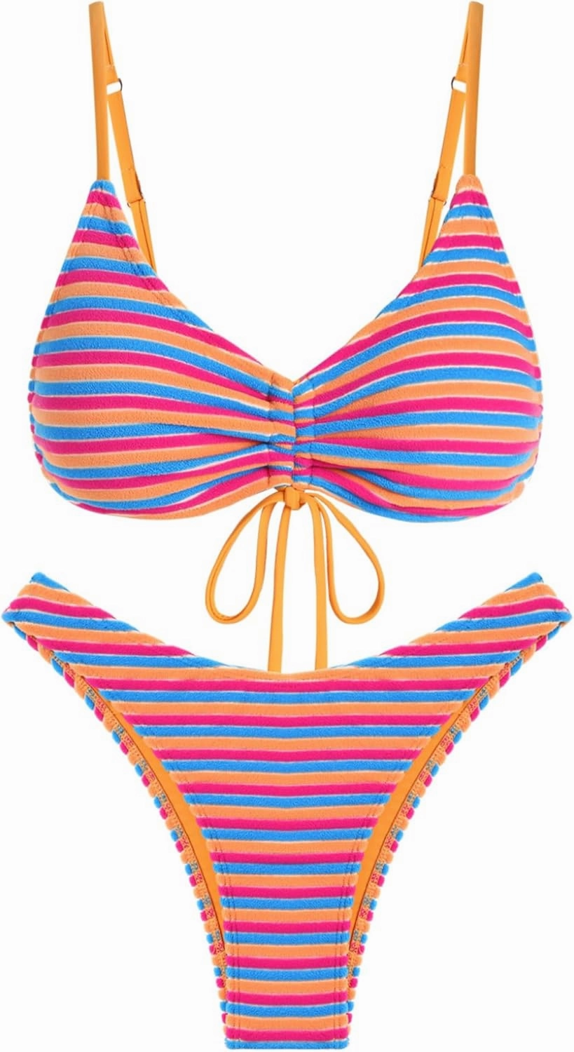 ZAFUL Women's Bikini Sets Flocking Textured High Cut Ruched Swimsuit Colorful Stripes Drawstring Bathing Suit