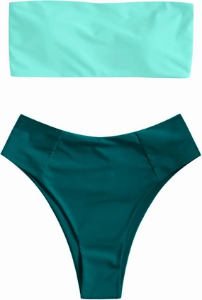 ZAFUL Women's High Cut Bandeau Bikini Set Strapless Solid Color 2 Pieces Bathing Suit Swimsuit