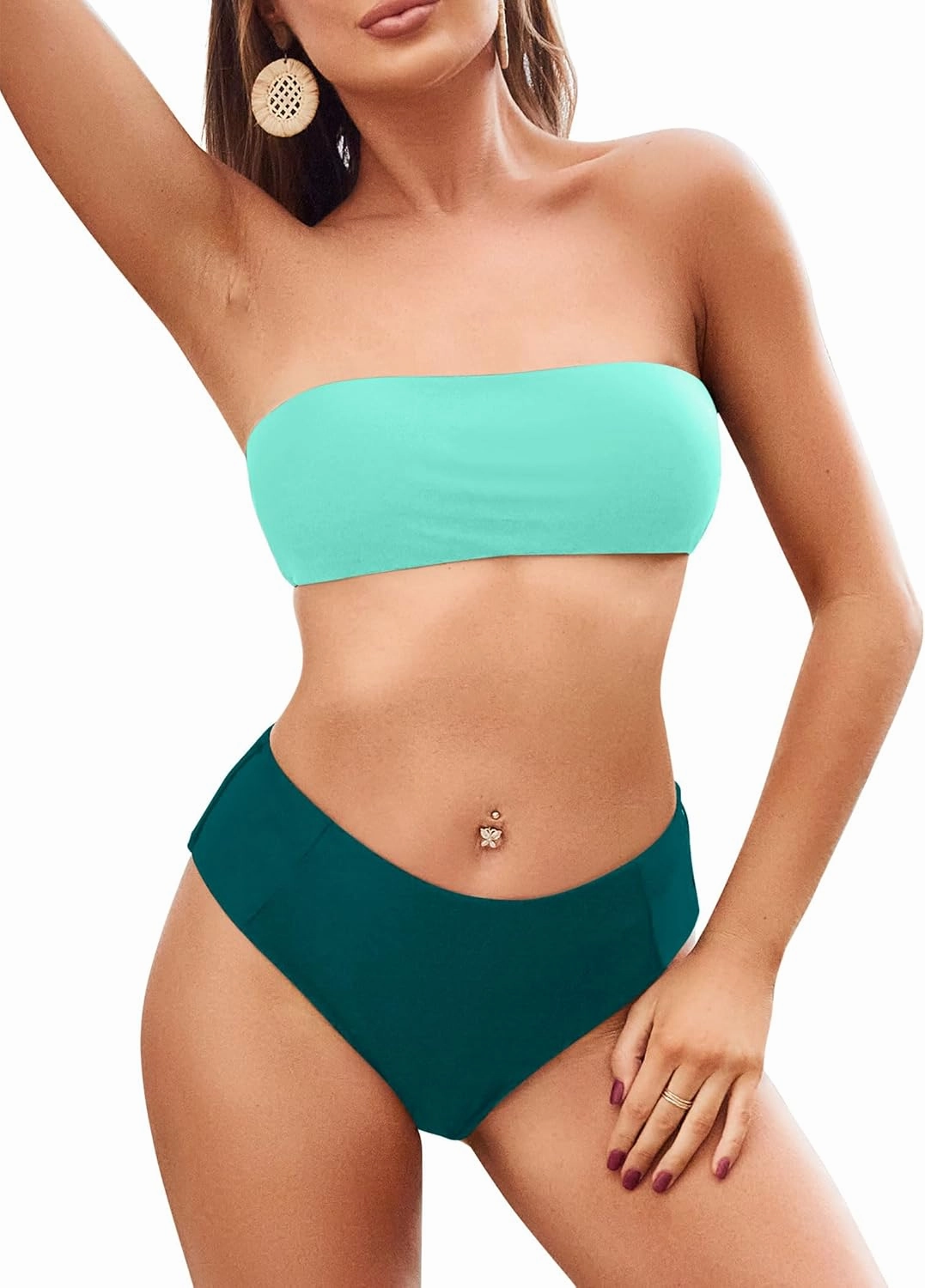 ZAFUL Women's High Cut Bandeau Bikini Set Strapless Solid Color 2 Pieces Bathing Suit Swimsuit