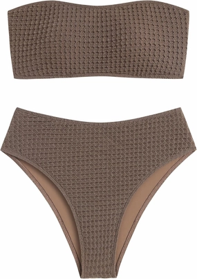 ZAFUL Women's High Cut Bandeau Bikini Set Strapless Solid Color 2 Pieces Bathing Suit Swimsuit