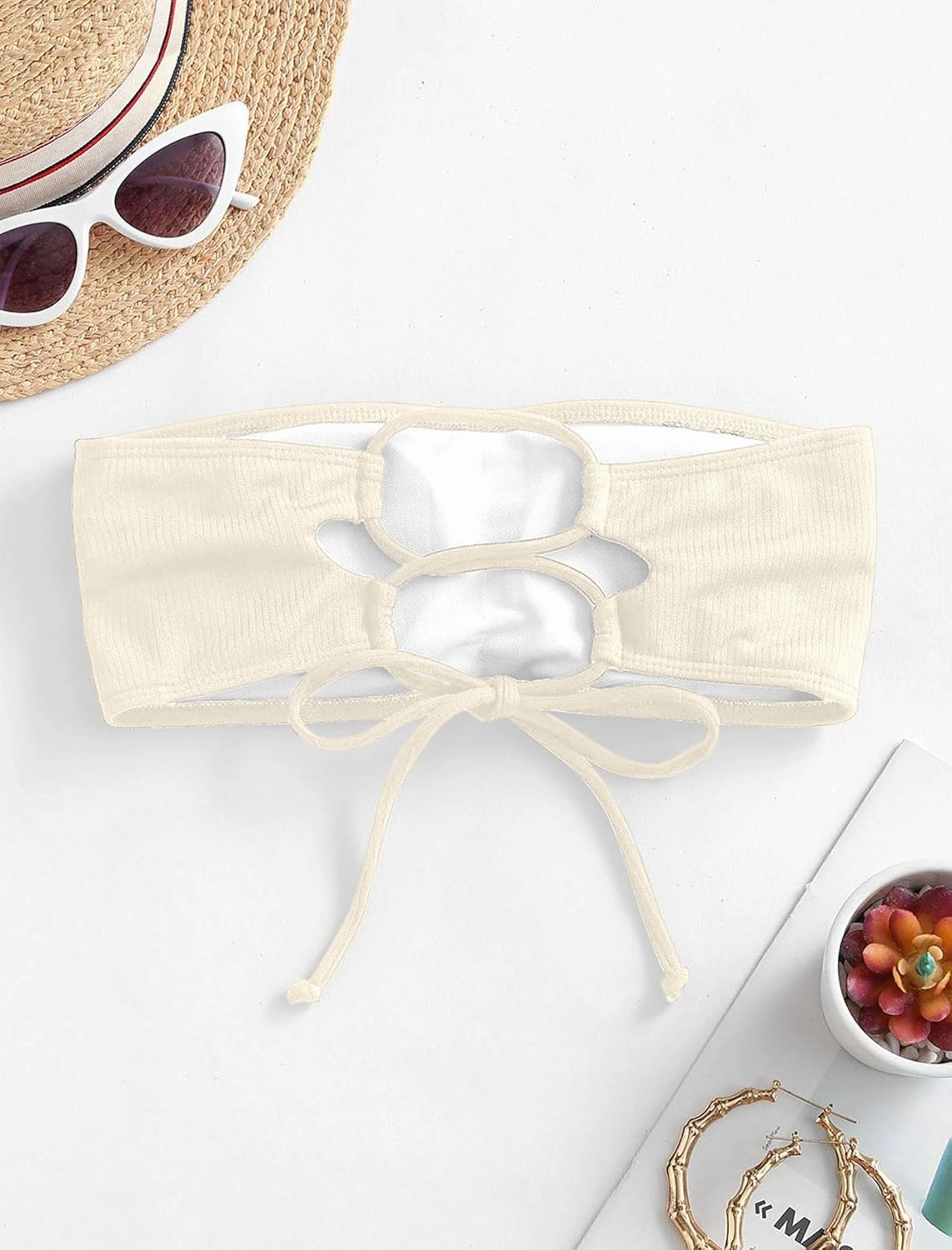 ZAFUL Women's Lace Up Strapless Bandeau Bikini Top - Solid Color Bathing Suit Swimsuit