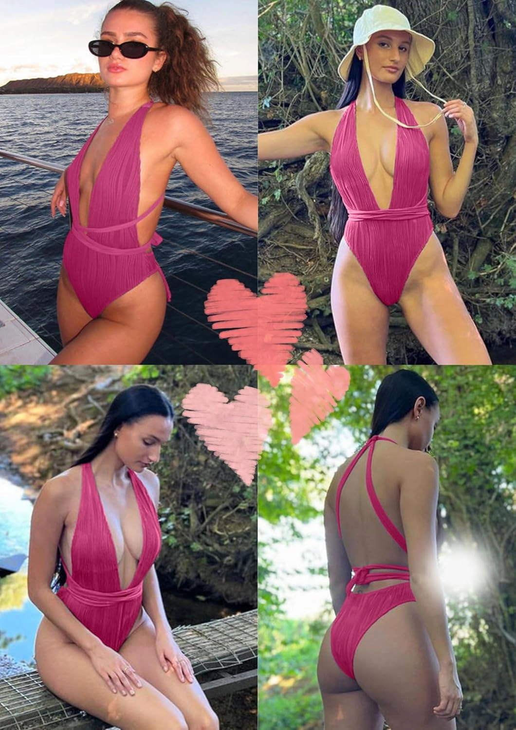 ZAFUL Women's One Piece Swimsuit Deep V Neck Ribbed Self Tie Sexy High Cut Bathing Suit Crisscross Back Swimwear