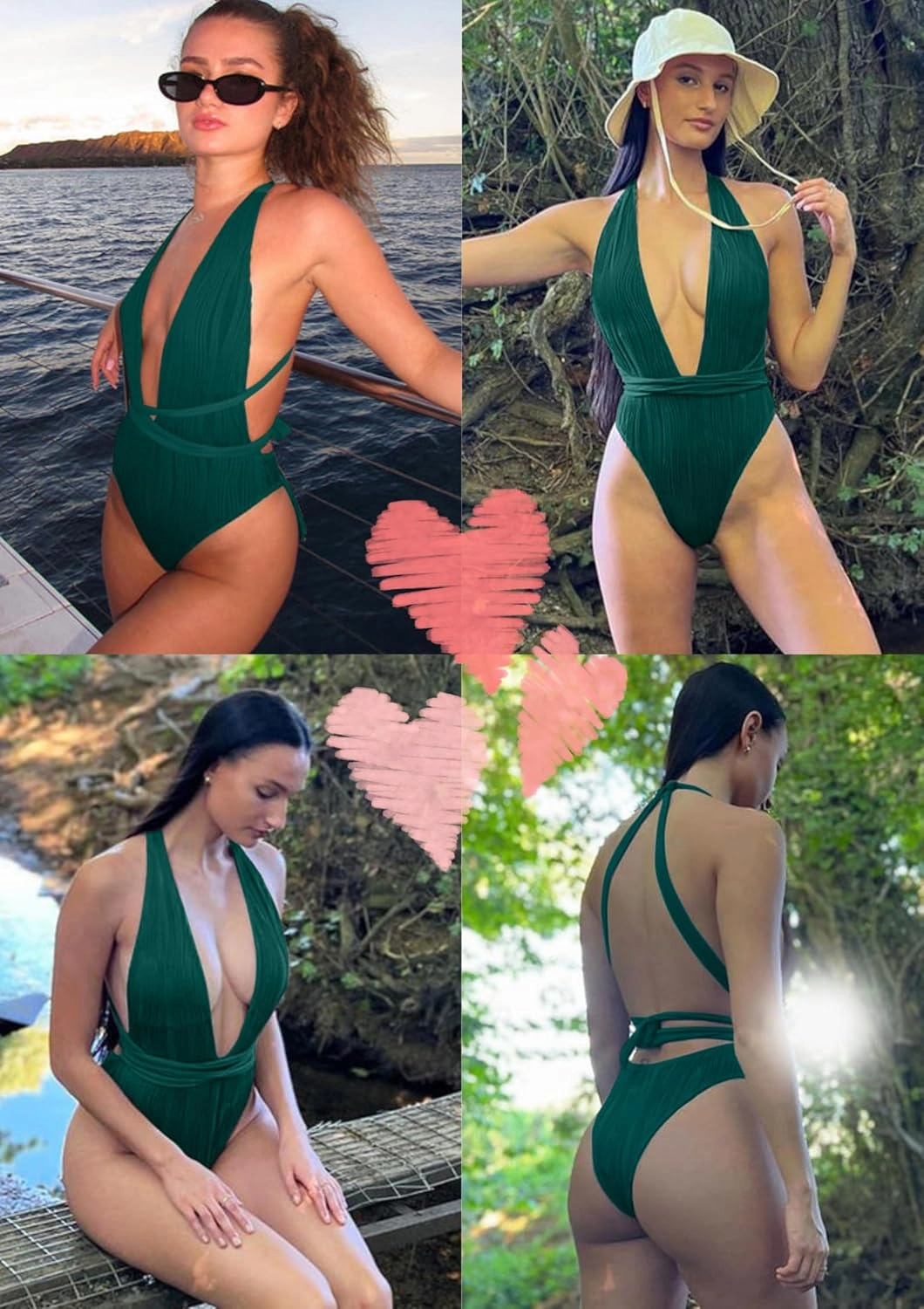 ZAFUL Women's One Piece Swimsuit Deep V Neck Ribbed Self Tie Sexy High Cut Bathing Suit Crisscross Back Swimwear