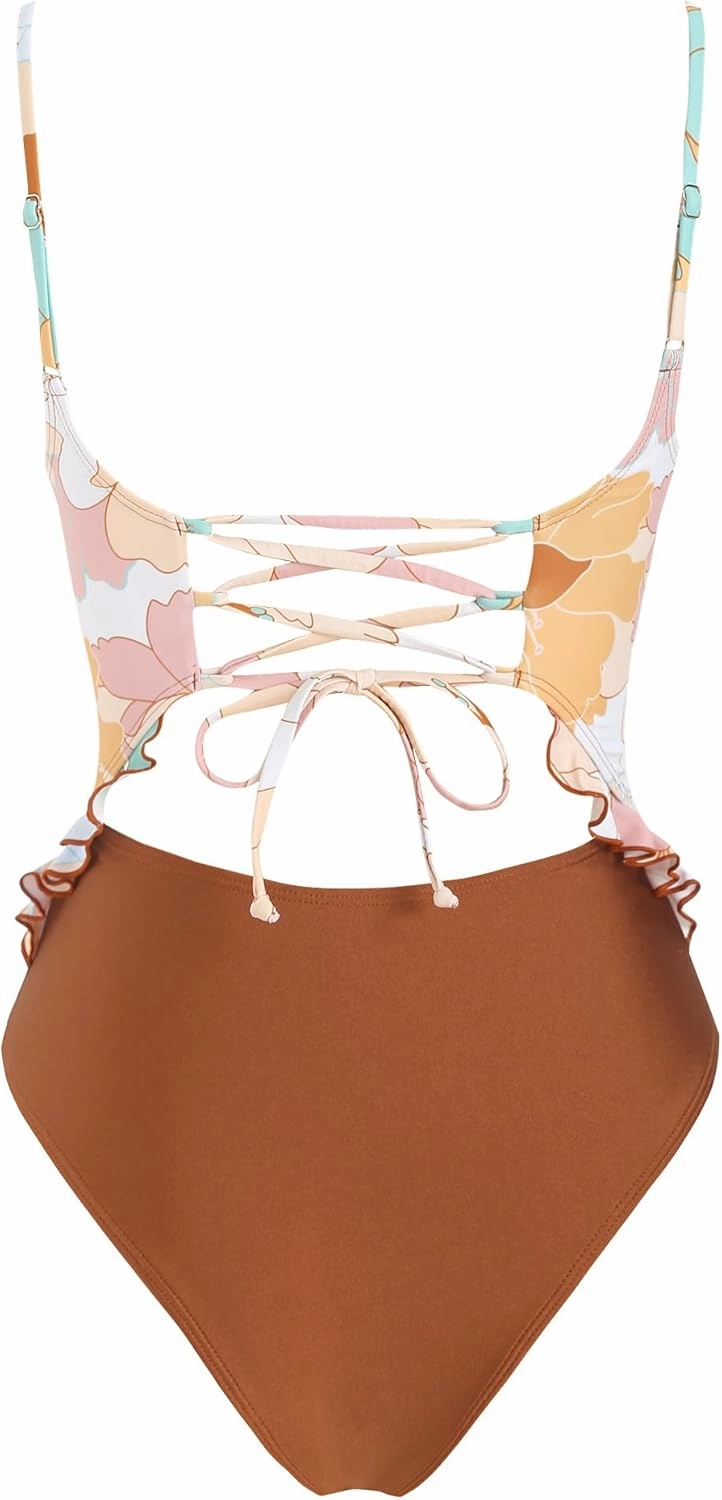 ZAFUL Women's One Piece Swimsuit Ribbed Open Back Bathing Suit Tummy Control Scoop Neck Adjustable Straps High Cut Swimwear