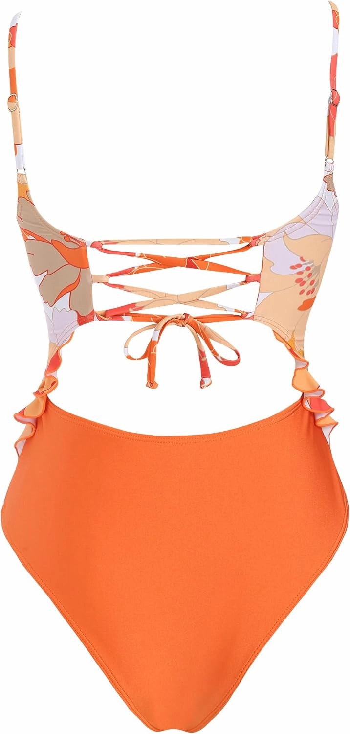 ZAFUL Women's One Piece Swimsuit Ribbed Open Back Bathing Suit Tummy Control Scoop Neck Adjustable Straps High Cut Swimwear