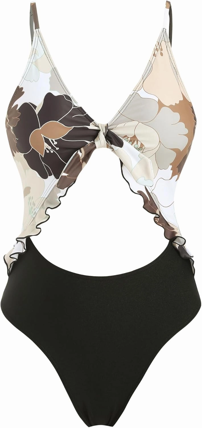 ZAFUL Women's One Piece Swimsuit Ribbed Open Back Bathing Suit Tummy Control Scoop Neck Adjustable Straps High Cut Swimwear
