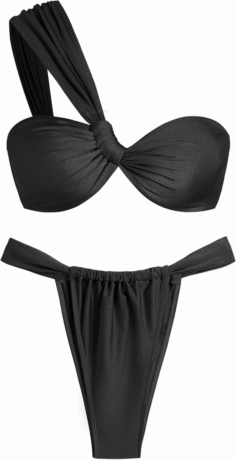 ZAFUL Women's One Shoulder Bikini Twisted Ruched High Cut Bandeau Bikini Set Two Piece Swimsuit