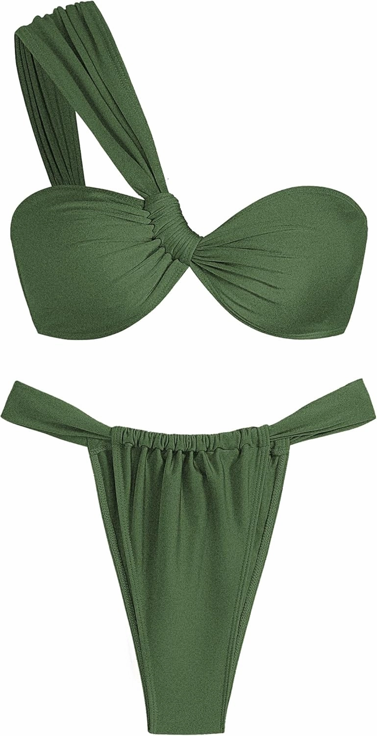 ZAFUL Women's One Shoulder Bikini Twisted Ruched High Cut Bandeau Bikini Set Two Piece Swimsuit