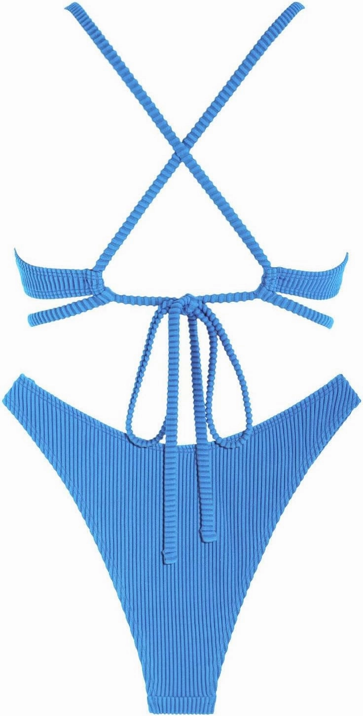 ZAFUL Women's Sexy Cutout Bikini Set High Cut Textured Metal Ring Cheeky Swimsuit Two Piece Bathing Suit