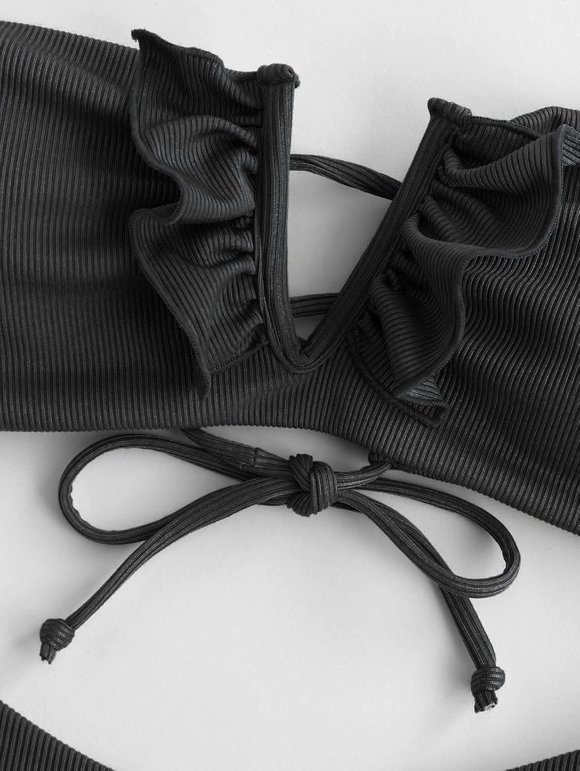 ZAFUL Women's Strapless Bandeau Bikini Top Ribbed V Wired Lace Up Ruffle Tie Swimsuits Bathing Suits Only Top