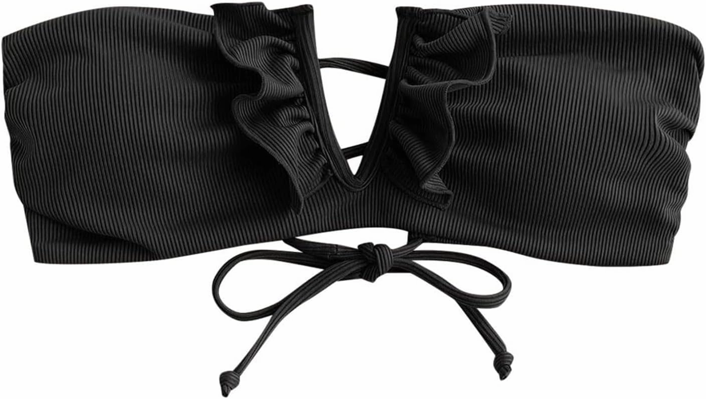 ZAFUL Women's Strapless Bandeau Bikini Top Ribbed V Wired Lace Up Ruffle Tie Swimsuits Bathing Suits Only Top