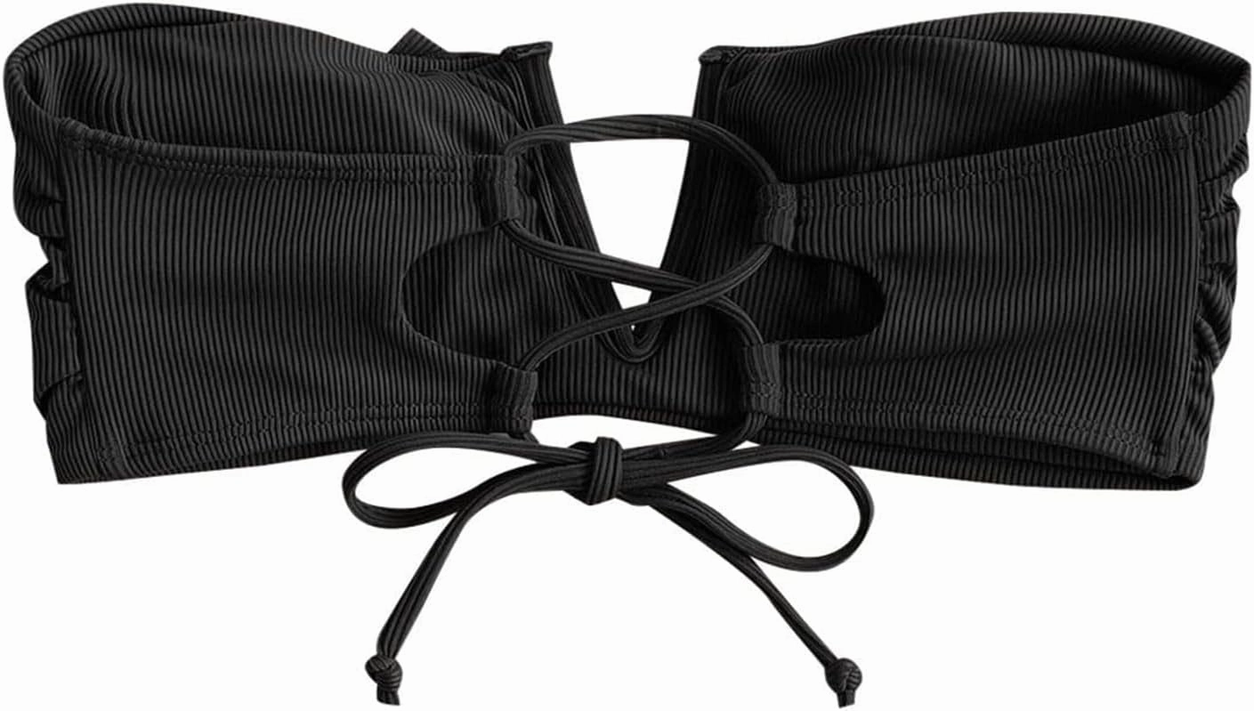 ZAFUL Women's Strapless Bandeau Bikini Top Ribbed V Wired Lace Up Ruffle Tie Swimsuits Bathing Suits Only Top