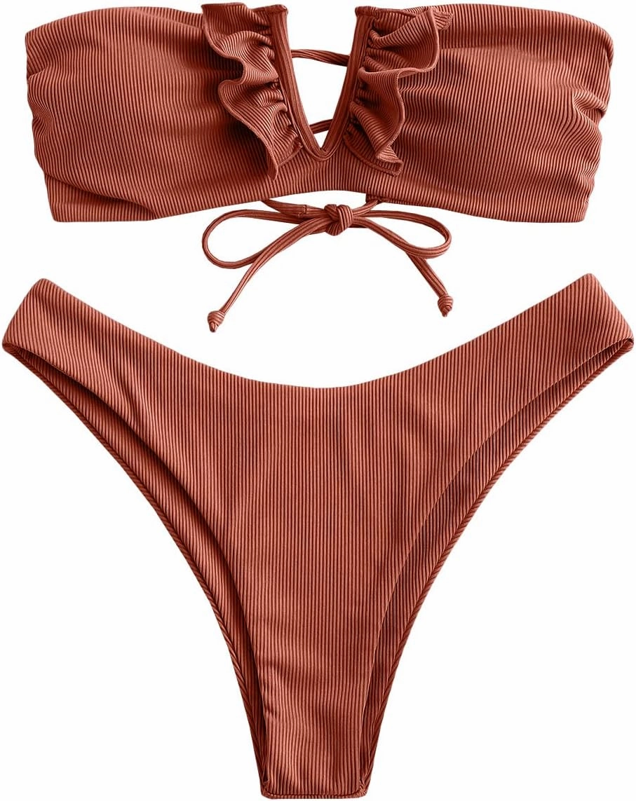ZAFUL Women's Strapless Ribbed V Wired Lace Up Ruffle Tie High Cut Bandeau Swimsuits Bikini Set