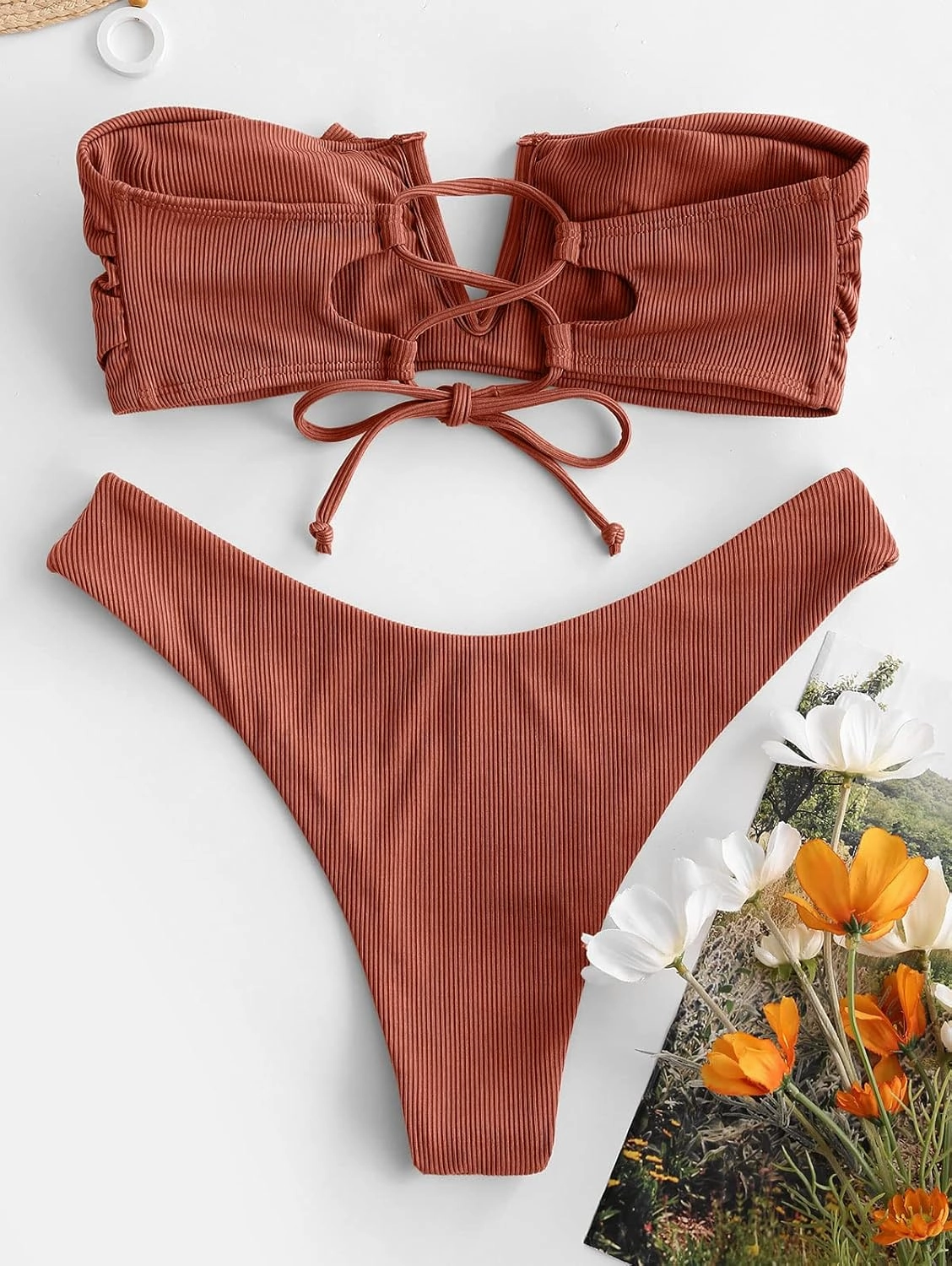 ZAFUL Women's Strapless Ribbed V Wired Lace Up Ruffle Tie High Cut Bandeau Swimsuits Bikini Set