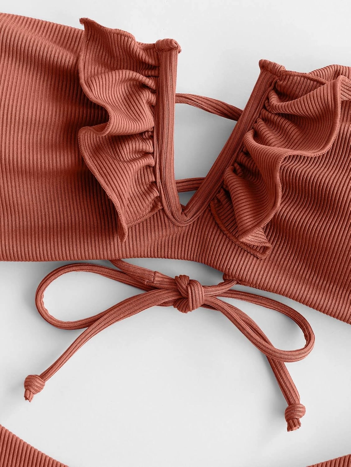ZAFUL Women's Strapless Ribbed V Wired Lace Up Ruffle Tie High Cut Bandeau Swimsuits Bikini Set