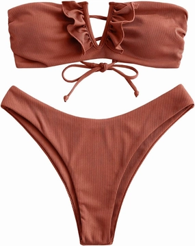 ZAFUL Women's Strapless Ribbed V Wired Lace Up Ruffle Tie High Cut Bandeau Swimsuits Bikini Set