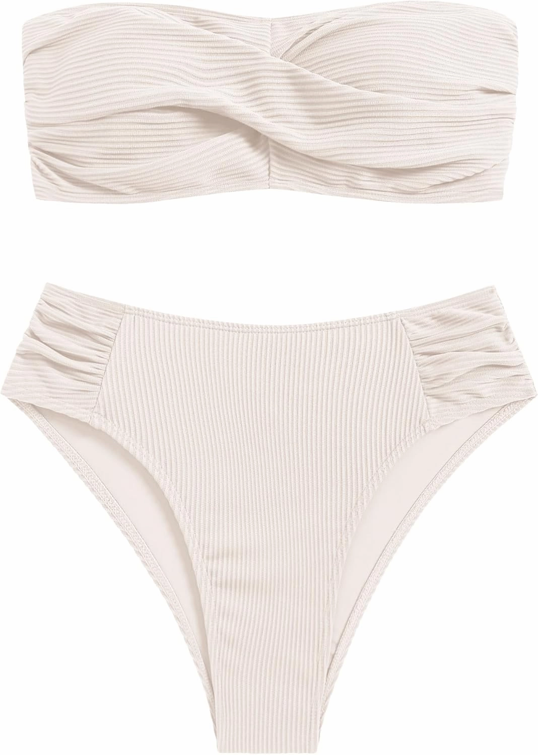 ZAFUL Women's Strapless Twist Bandeau Bikini 2 Piece Swimwear Cheeky Solid Lace up Bathing Suits