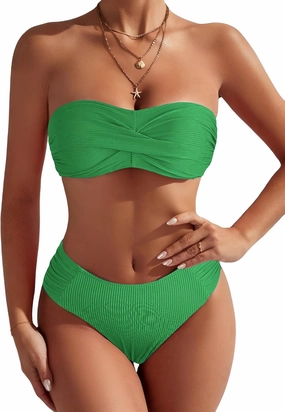 ZAFUL Women's Strapless Twist Bandeau Bikini 2 Piece Swimwear Cheeky Solid Lace up Bathing Suits