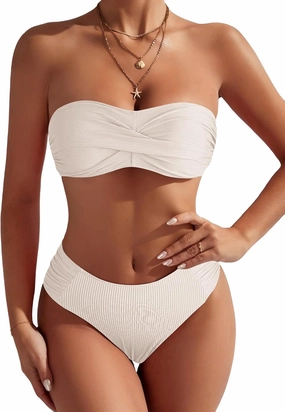 ZAFUL Women's Strapless Twist Bandeau Bikini 2 Piece Swimwear Cheeky Solid Lace up Bathing Suits