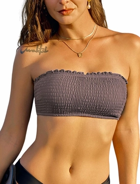 ZAFUL Women Strapless Bandeau Bikini Top Ruffle Lace up Swimsuit Solid Color Bathing Suits Tube Top Only