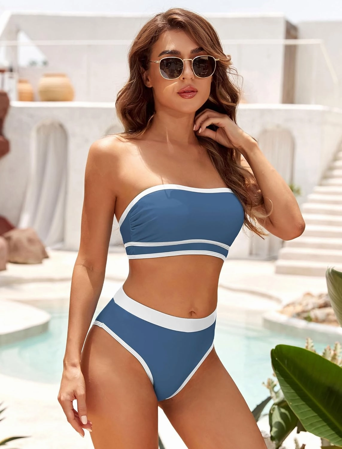 ZAFUL Women Strapless Color Block Bandeau Bikini High Waisted 2 Piece Swimwear Lace up Bathing Suits
