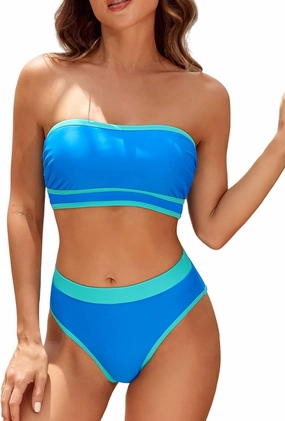 ZAFUL Women Strapless Color Block Bandeau Bikini High Waisted 2 Piece Swimwear Lace up Bathing Suits
