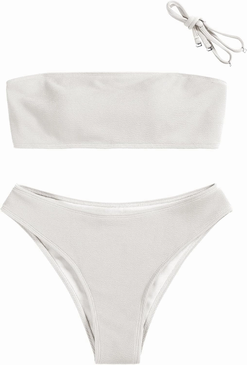 ZAFUL Women Strapless Ribbed High Cut Bandeau Bikini Lace Up 2 Pieces Swimwear