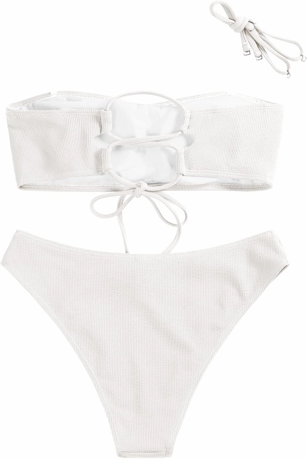 ZAFUL Women Strapless Ribbed High Cut Bandeau Bikini Lace Up 2 Pieces Swimwear