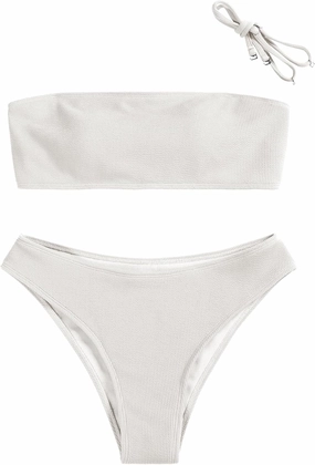 ZAFUL Women Strapless Ribbed High Cut Bandeau Bikini Lace Up 2 Pieces Swimwear