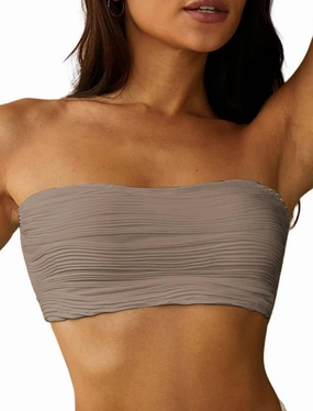 ZAFUL Women Textured Bandeau Bikini Top Lace up Strapless Swimsuit Solid Color High Cut Bathing Suits Top Only