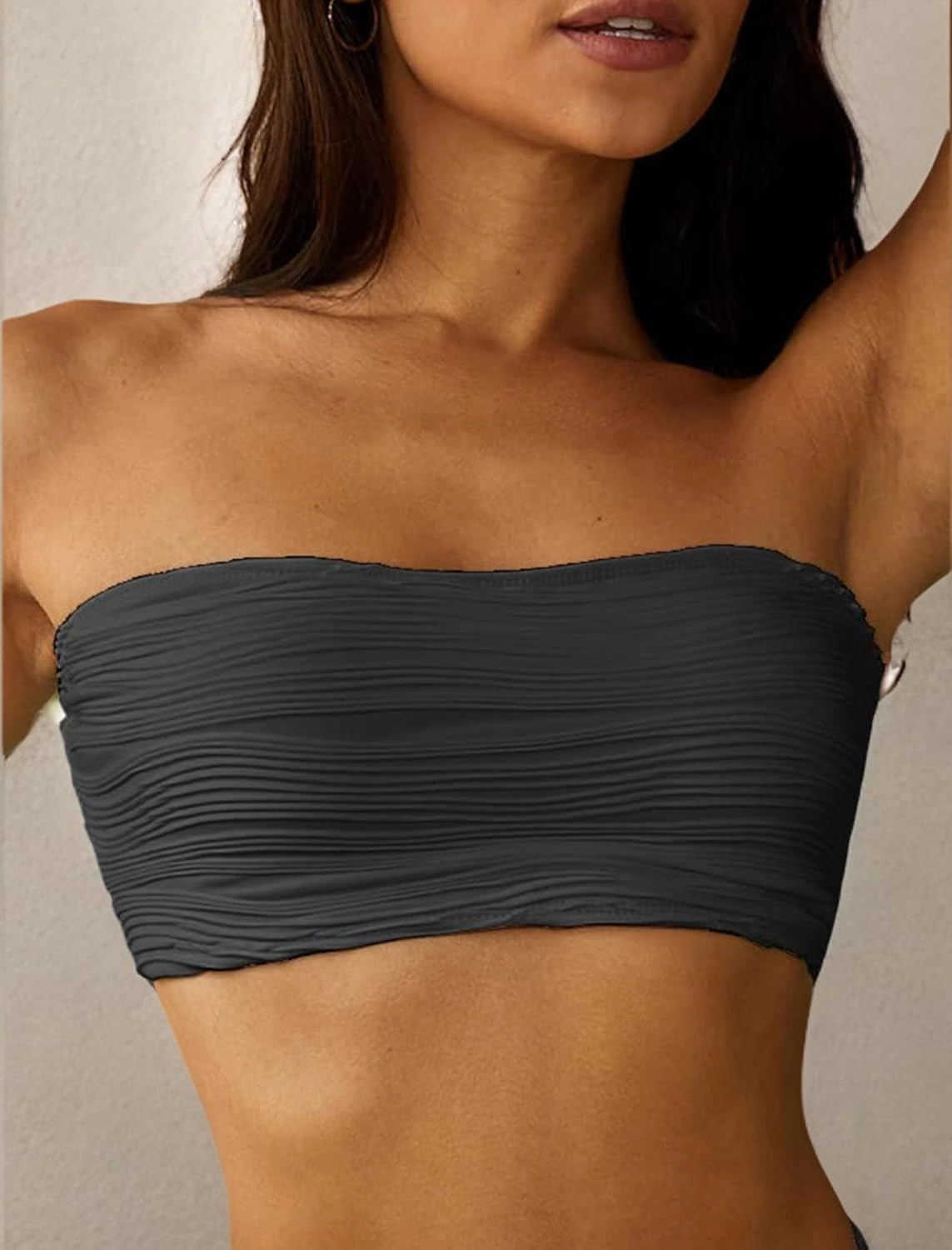 ZAFUL Women Textured Bandeau Bikini Top Lace up Strapless Swimsuit Solid Color High Cut Bathing Suits Top Only