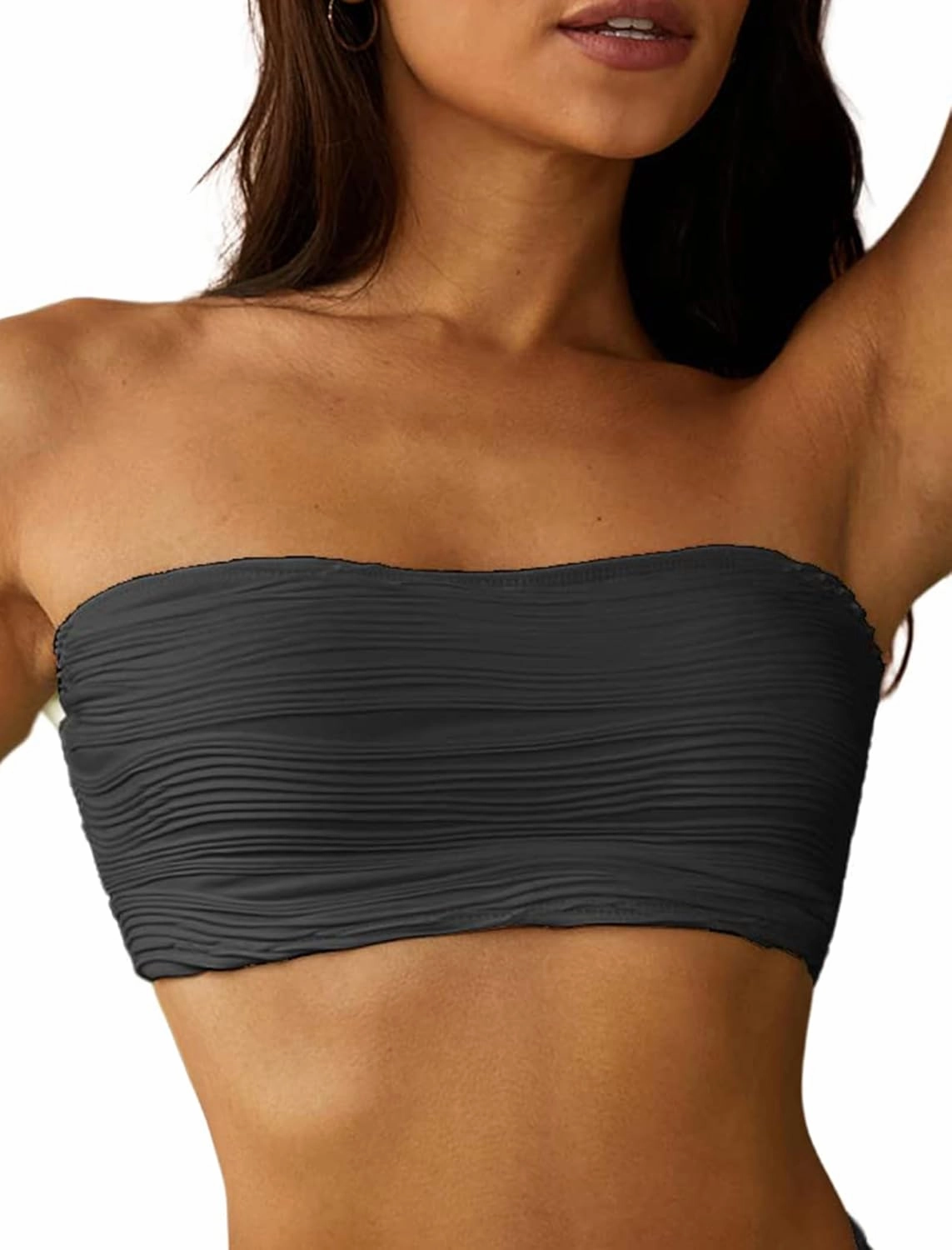 ZAFUL Women Textured Bandeau Bikini Top Lace up Strapless Swimsuit Solid Color High Cut Bathing Suits Top Only