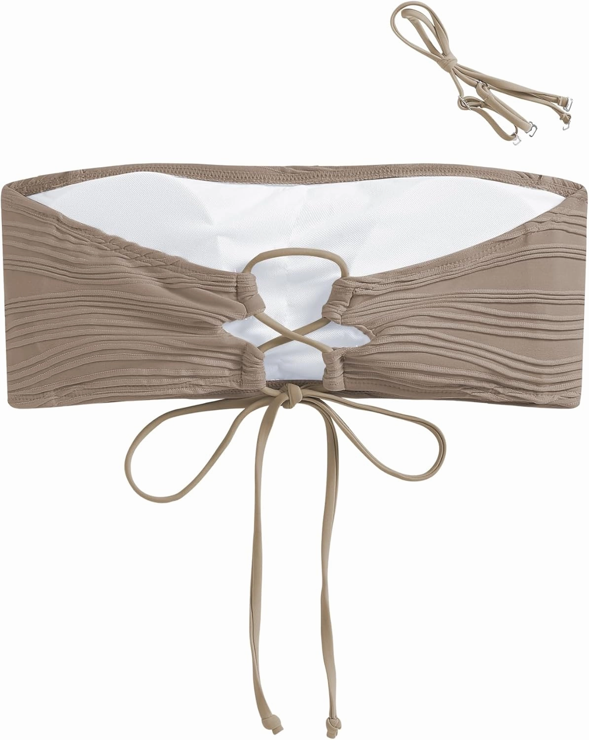 ZAFUL Women Textured Bandeau Bikini Top Lace up Strapless Swimsuit Solid Color High Cut Bathing Suits Top Only