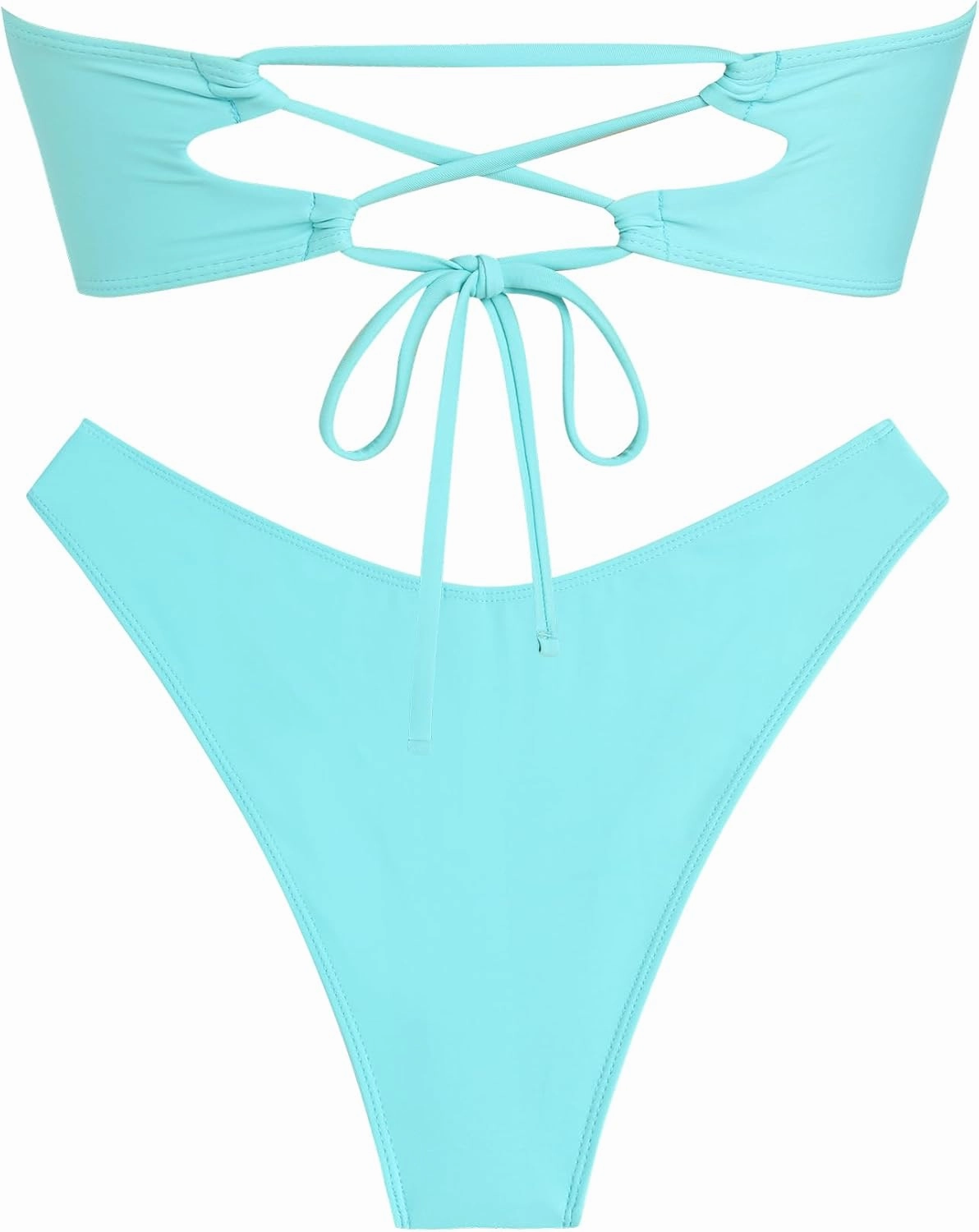 ZAFUL Womens Bandeau Bikini Set Metallic Sparkly O Ring Lace Up Tie Side High Cut Tanga Sexy Bathing Suit Swimwear