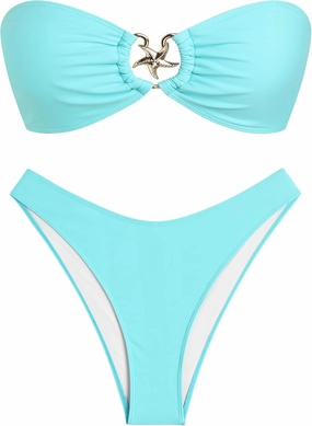 ZAFUL Womens Bandeau Bikini Set Metallic Sparkly O Ring Lace Up Tie Side High Cut Tanga Sexy Bathing Suit Swimwear