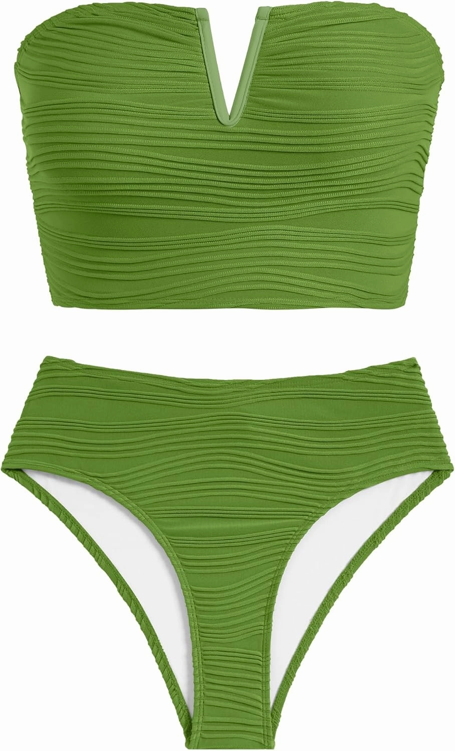 ZAFUL Womens Bandeau Bikini Set Strapless Textured Two Piece Lace up Bathing Suits High Waisted V-Neck Swimsuits