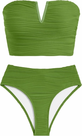 ZAFUL Womens Bandeau Bikini Set Strapless Textured Two Piece Lace up Bathing Suits High Waisted V-Neck Swimsuits